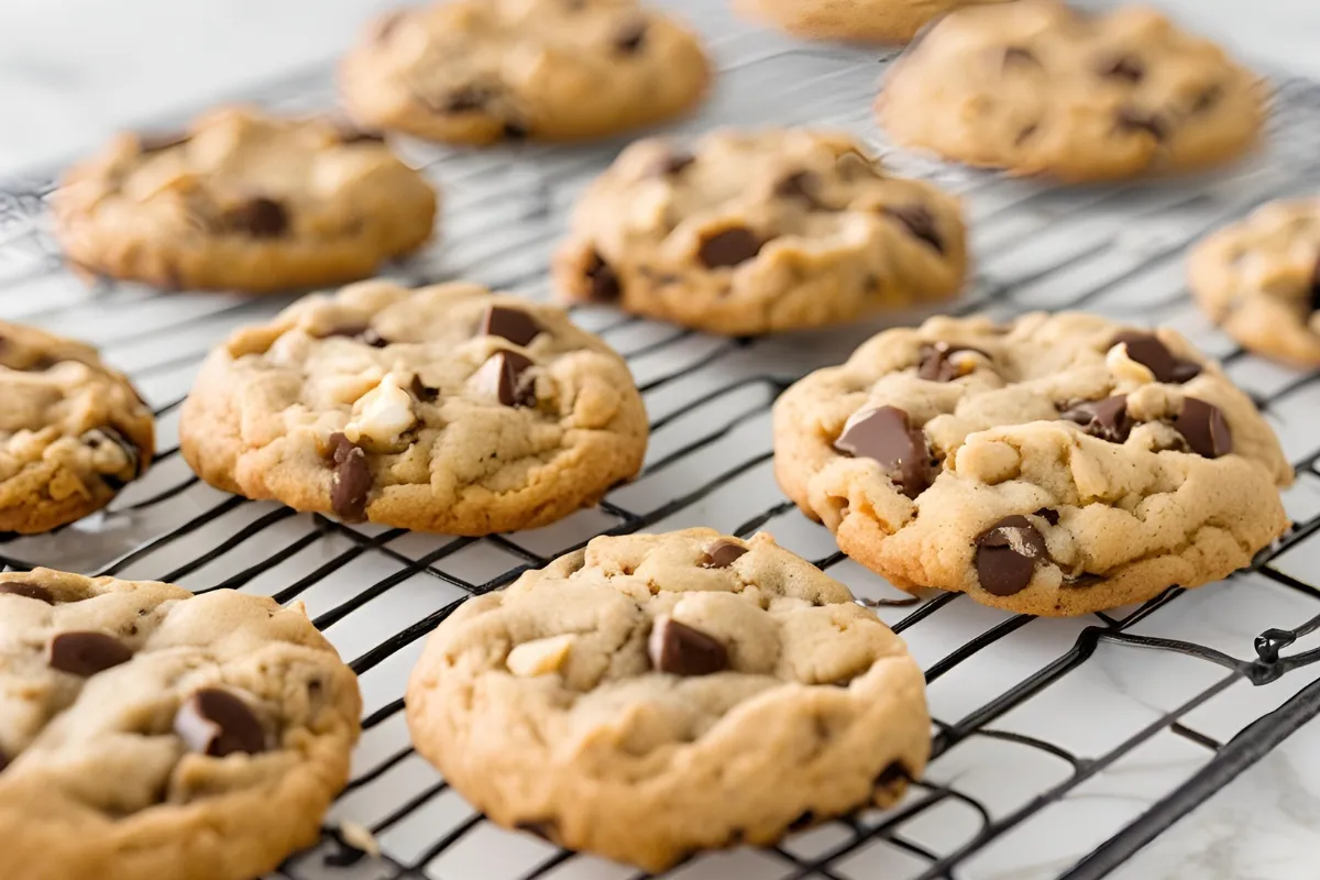 Freshly baked chocolate chip cookies without brown sugar cooling on a rack.