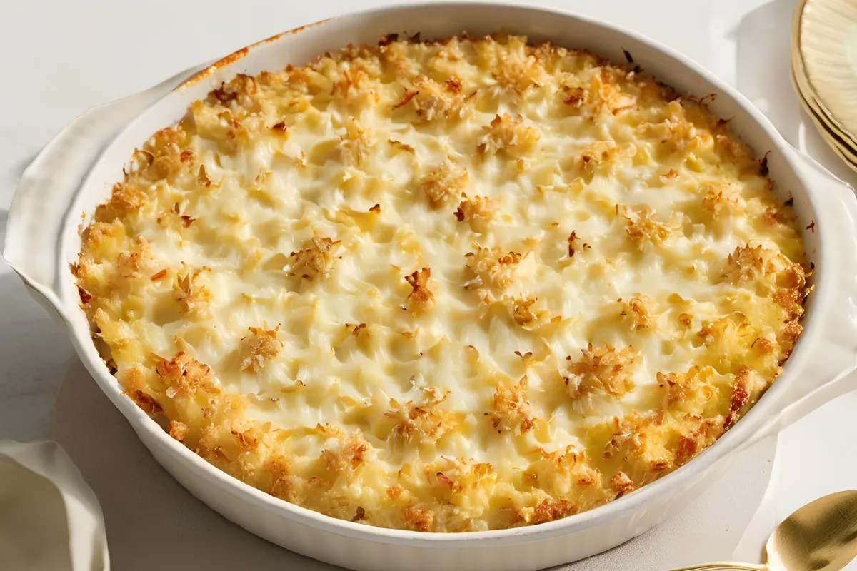 Crab Au Gratin served in a baking dish