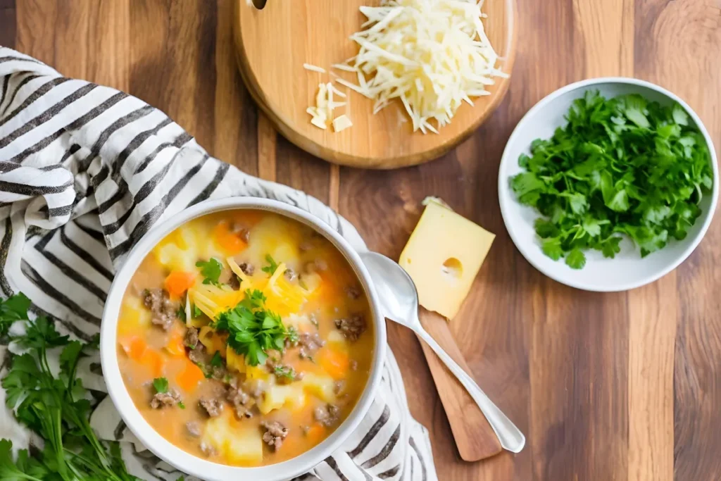 Hamburger Potato Soup: A Hearty, Comforting One-Pot Recipe 5 Garnished soup bowl