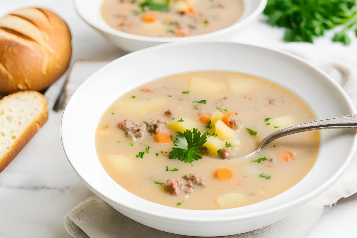 Bowl of hamburger potato soup