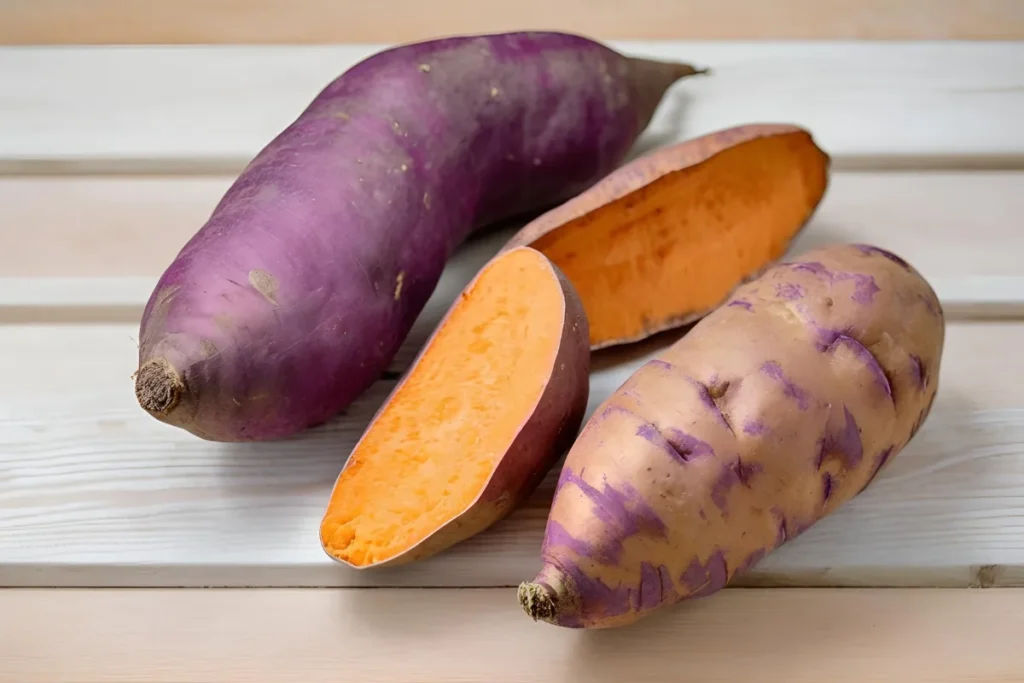 Purple Sweet Potatoes: Benefits, Flavor, and Delicious Ways to Cook Them 3 Purple and orange sweet potatoes side by side