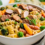 Close-up of delicious pastalaya with chicken, sausage, and vegetables.