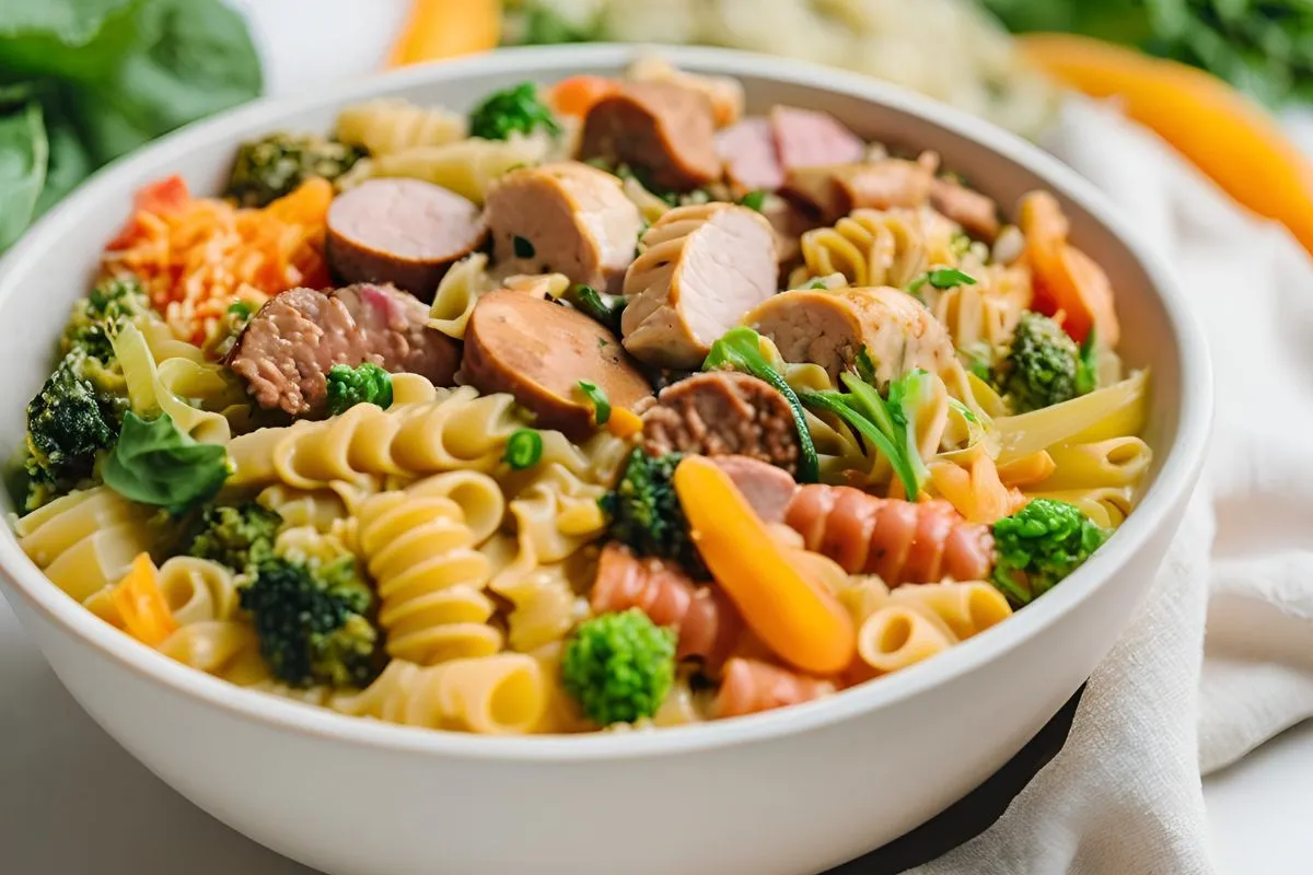 Close-up of delicious pastalaya with chicken, sausage, and vegetables.