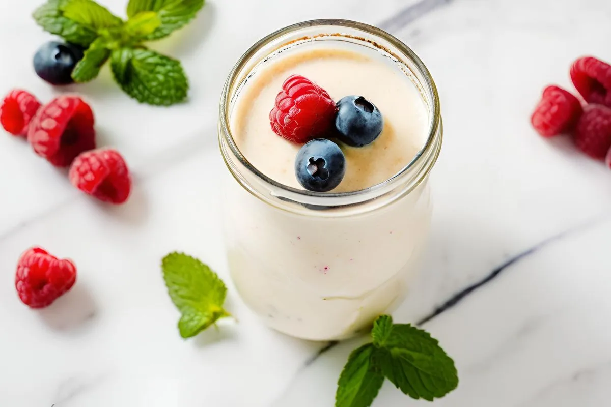 Creamy kefir smoothie with fresh berries and mint