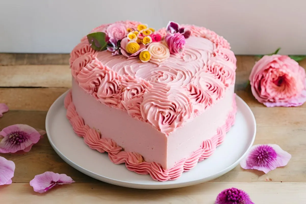 Heart-shaped cake with pink frosting