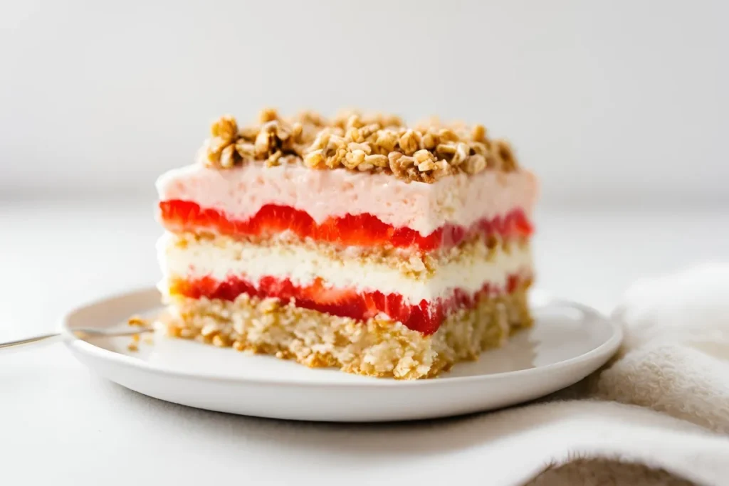Strawberry Crunch Cake Recipe: Easy Homemade Dessert with a Buttery Crunch Topping 2 Classic Strawberry Crunch Cake Slice