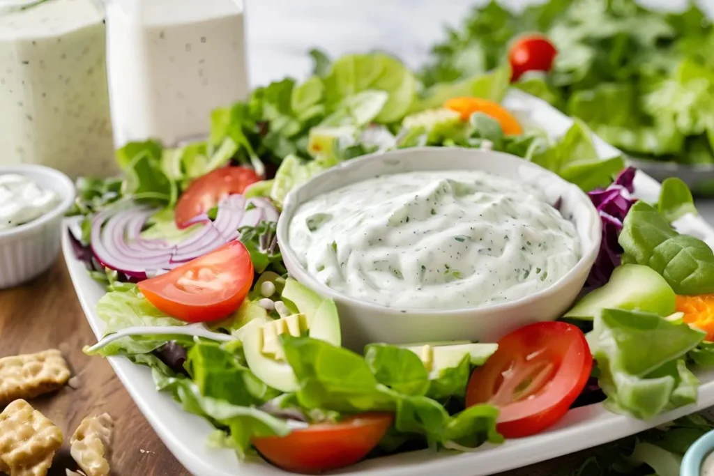 Ultimate Guide to Salad Dressings: Types, Benefits, & Recipes for Every Meal 2 Pouring creamy ranch dressing over salad
