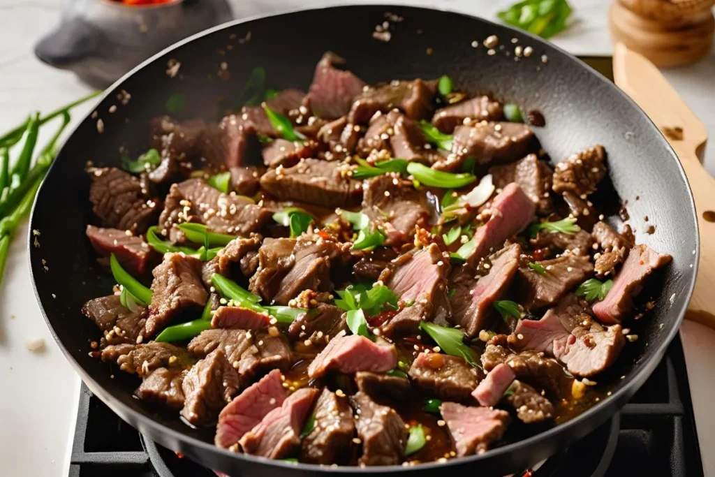 How to Make Beef with Garlic Sauce: A Flavorful and Easy Recipe 2 Beef stir-fry cooking in garlic sauce
