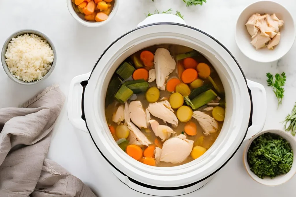 Easy Frozen Chicken Slow Cooker Recipes for Busy Weeknights 5 Frozen chicken and vegetable stew in a slow cooker, a healthy and comforting meal.