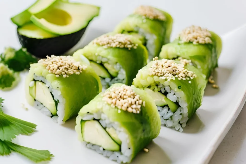 How to Make Delicious Rainbow Sushi at Home: Fresh, Flavorful & Easy 2 Avocado sushi rolls with crunchy toppings