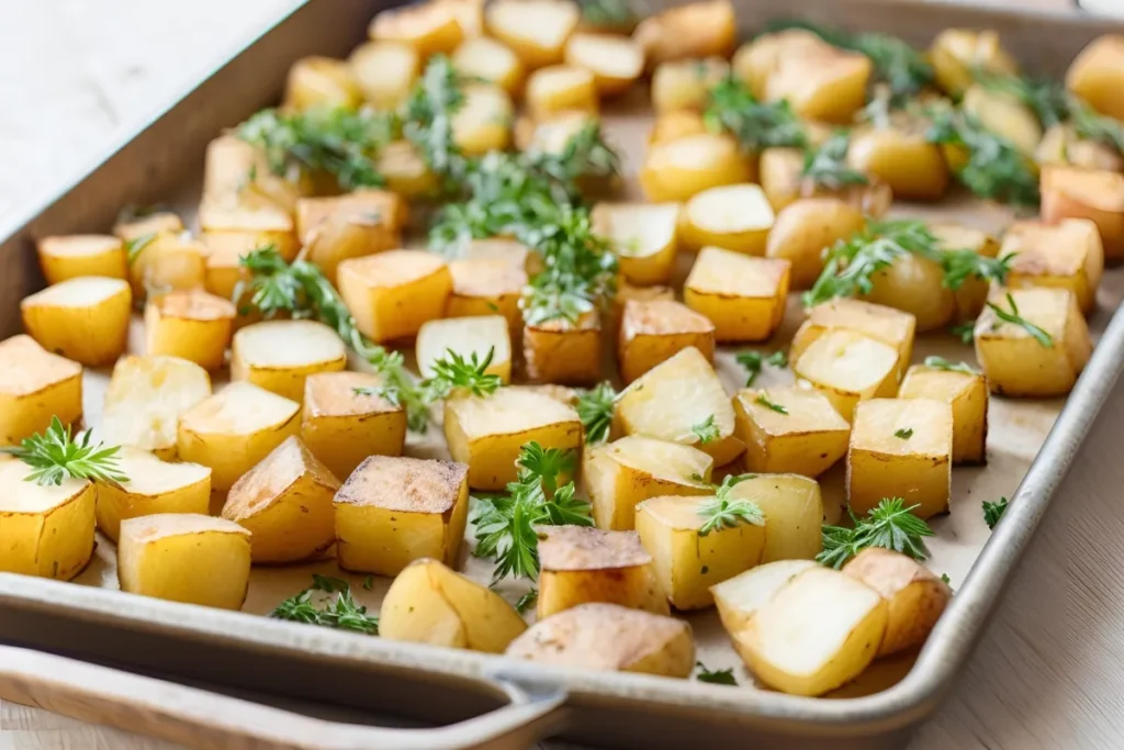Crispy Feta Potatoes Recipe – Easy & Delicious Side Dish 3 Roasted potatoes on a baking tray