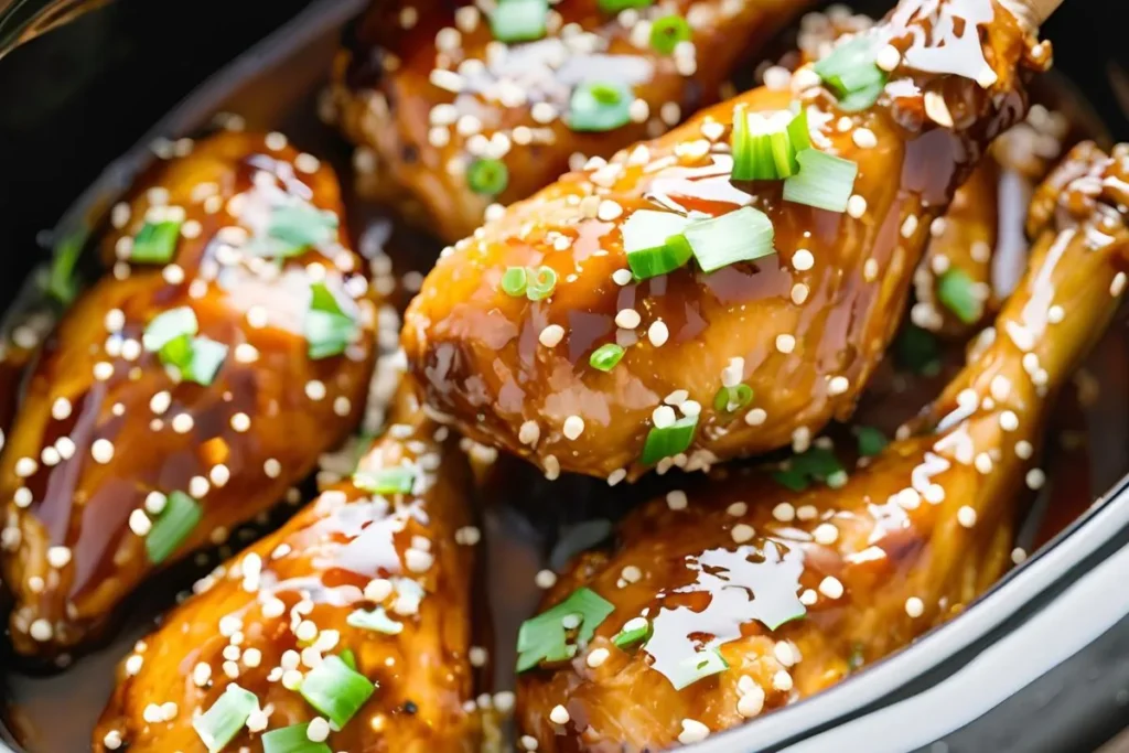Easy Frozen Chicken Slow Cooker Recipes for Busy Weeknights 6 Slow cooker honey garlic glazed frozen chicken drumsticks, a sweet and savory dish.