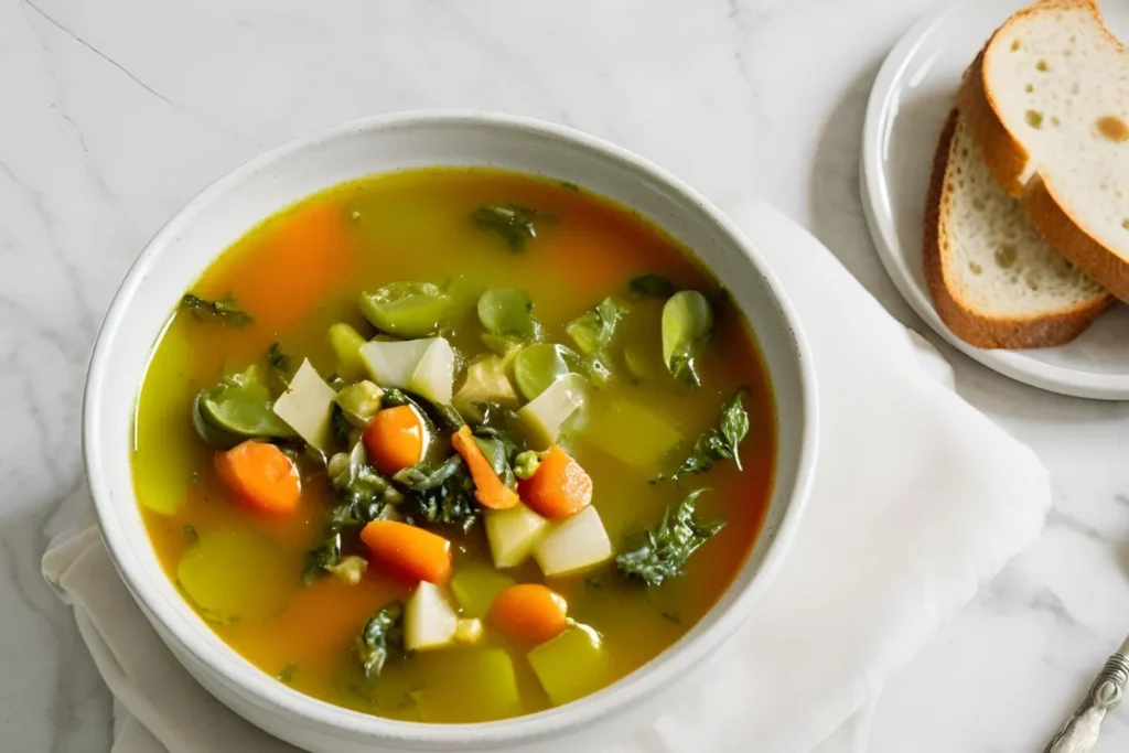 Delicious and Healthy Garden Vegetable Soup Recipe – Easy to Make and Nourishing 5 Garden vegetable soup served with crusty bread