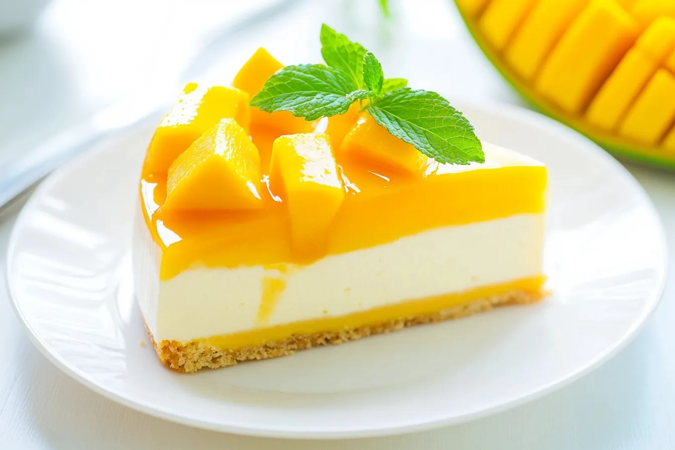 Creamy mango mousse cake slice with fresh mango and mint.