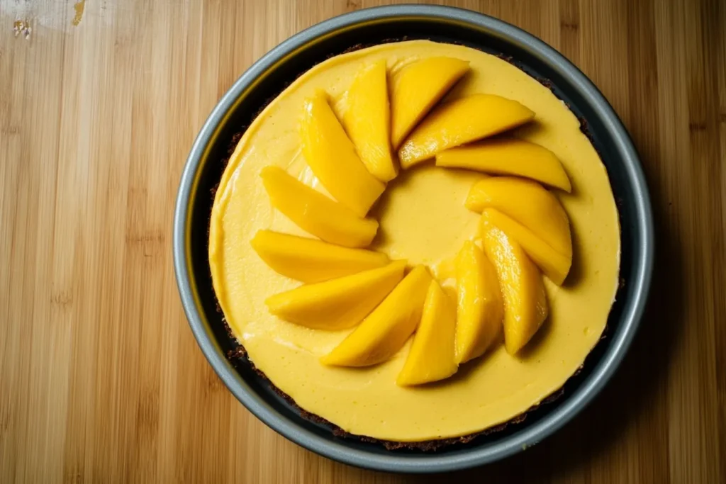 Mango Mousse Cake: An Easy & Delicious No-Bake Dessert Recipe 4 No-bake mango mousse cake garnished with fresh mango in a springform pan.