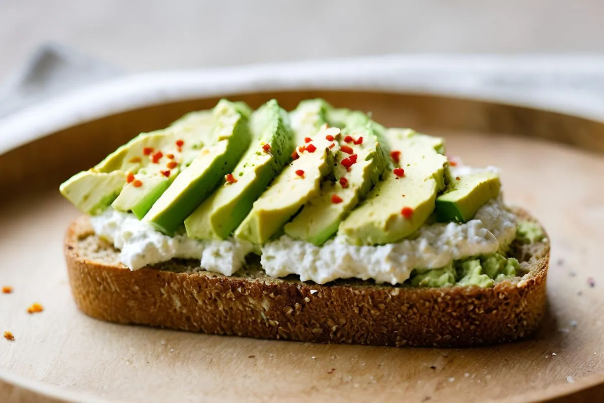 Avocado toast with cottage cheese, red pepper flakes, healthy snack.