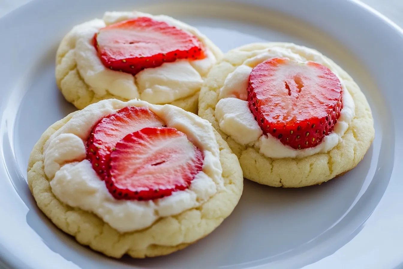 Close-up: Strawberry cheesecake cookies with creamy filling and fresh strawberry slices.