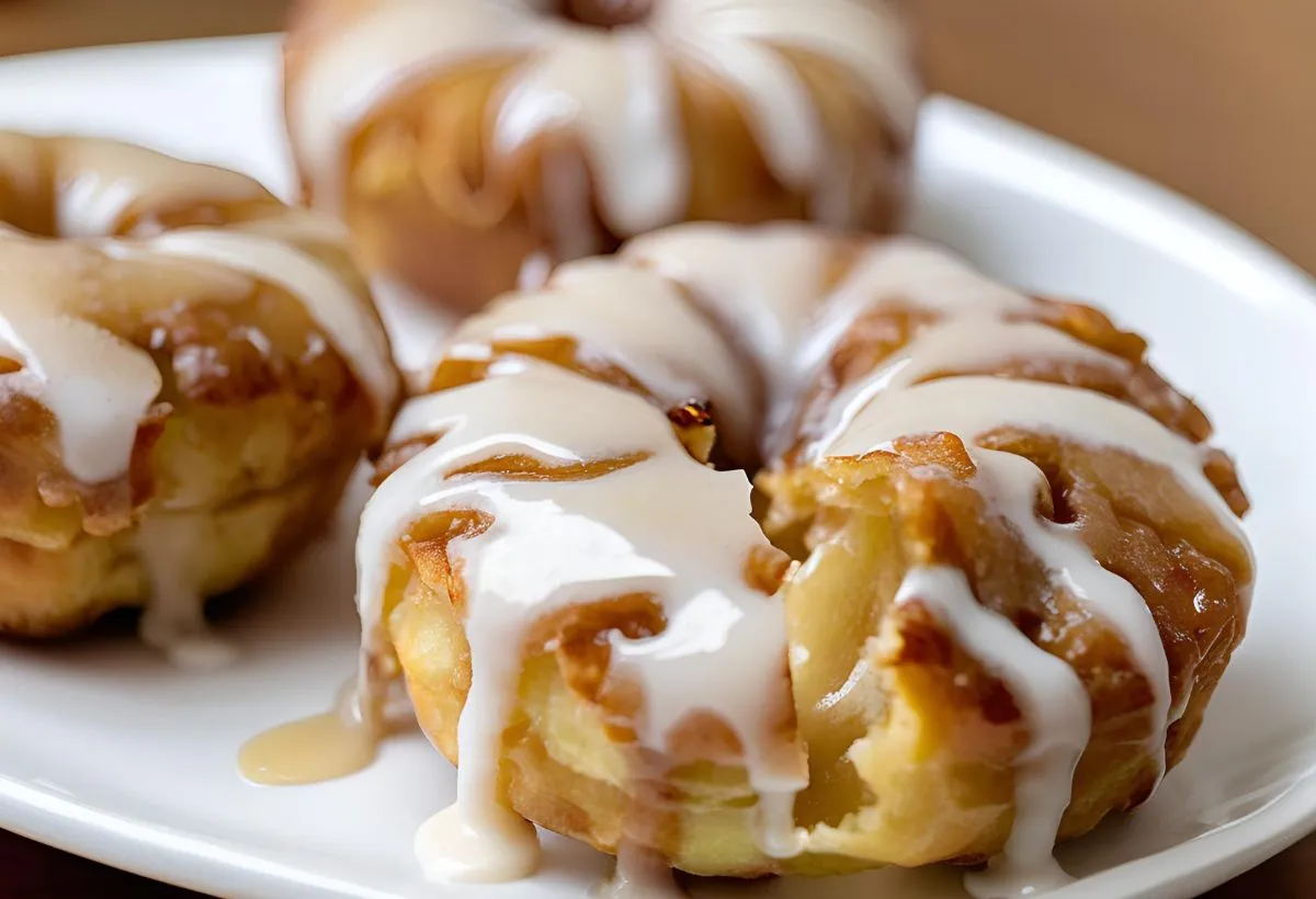 Stack of freshly baked apple fritters drizzled with sweet glaze.
