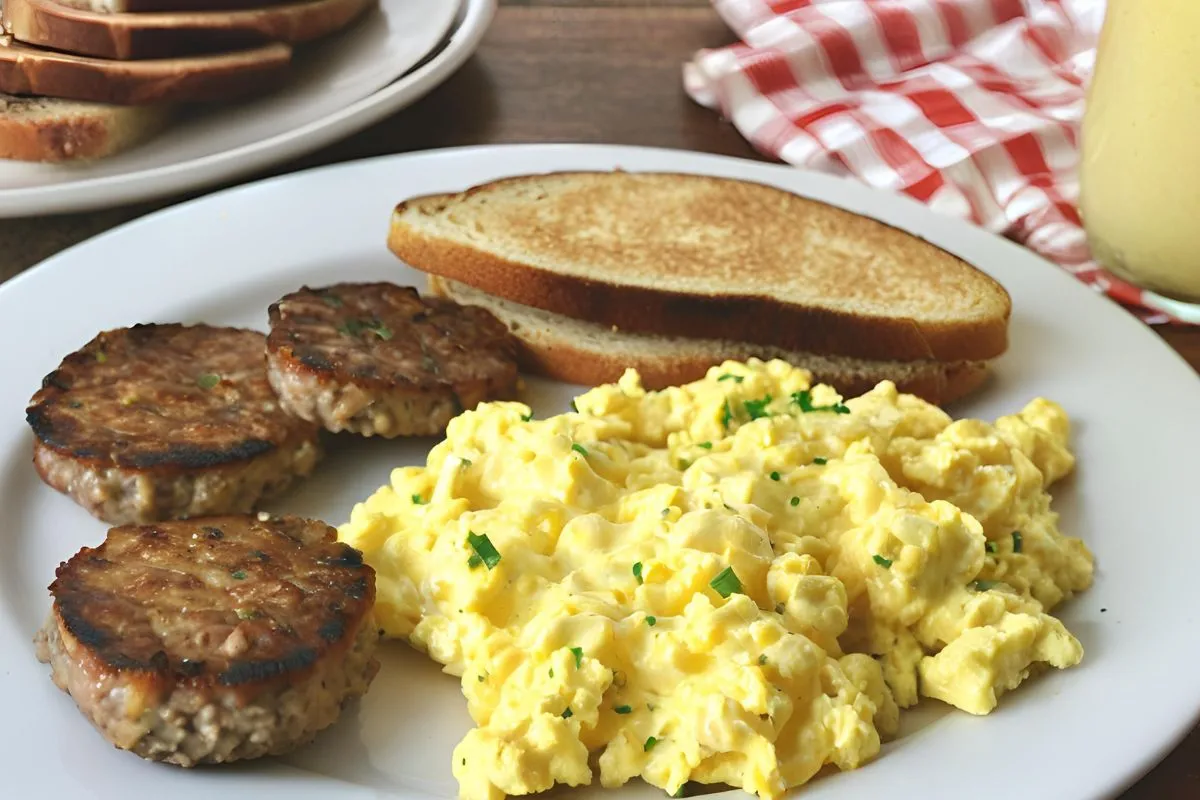 Homemade Jimmy Dean breakfast sausage with scrambled eggs and toast. A hearty and delicious meal!
