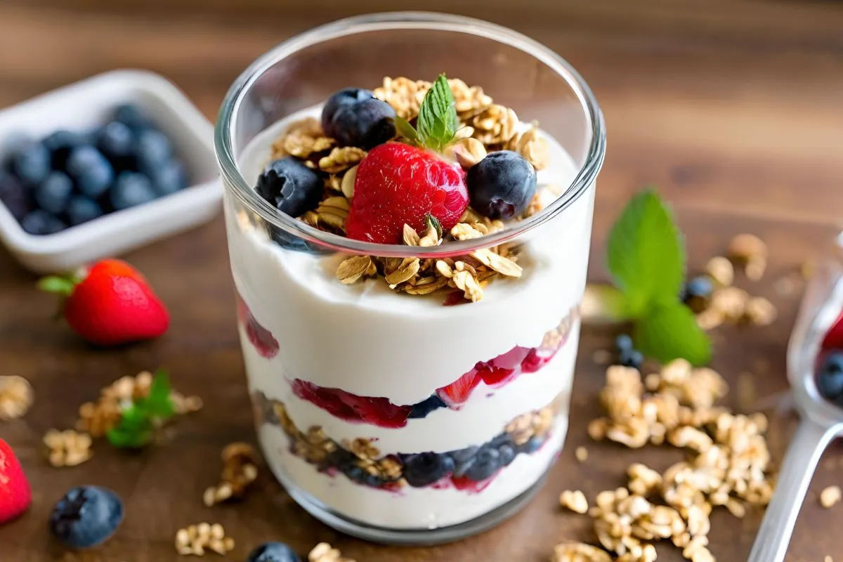 Delicious Greek yogurt parfait layered with granola and fresh berries. A healthy and easy dessert option.