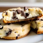 Warm, gooey chocolate chip cheesecake cookies, some broken open to reveal the creamy center.