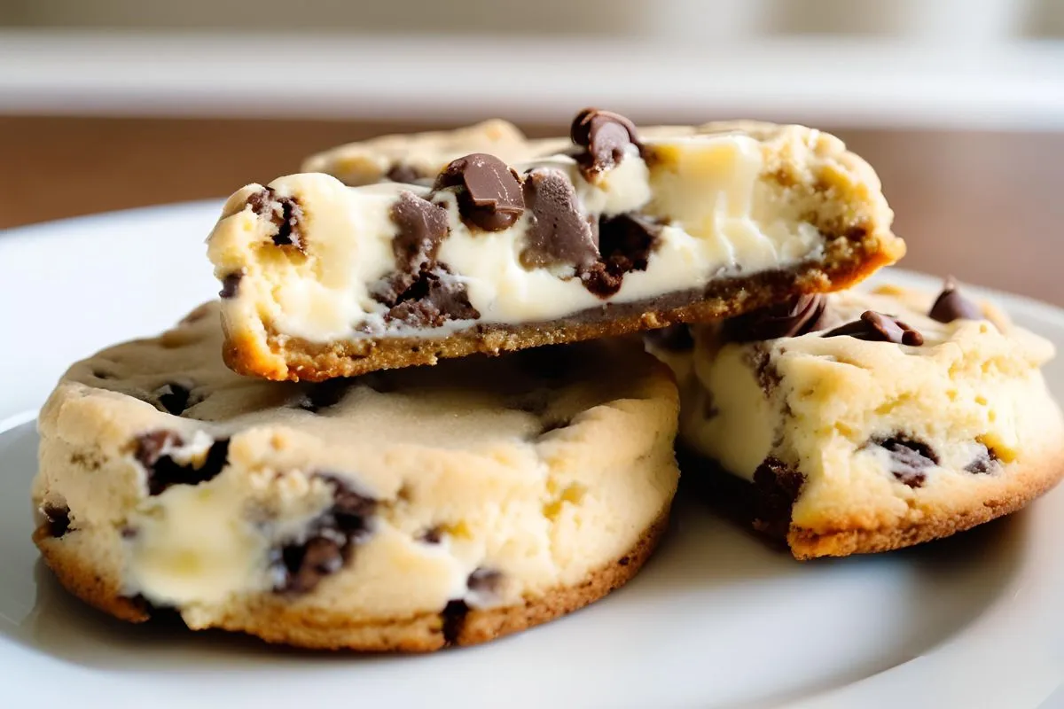 Warm, gooey chocolate chip cheesecake cookies, some broken open to reveal the creamy center.