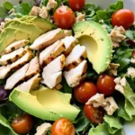 Close-up of a healthy salad recipe with chicken, avocado, and tomatoes.