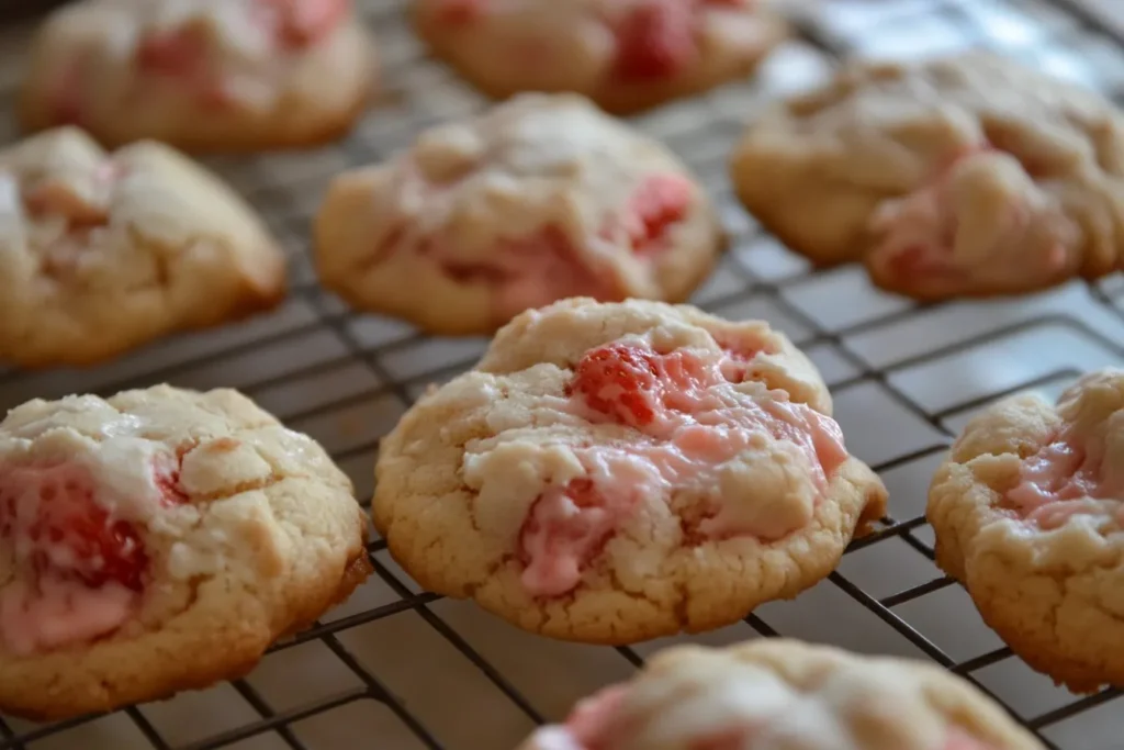 Strawberry Cheesecake Cookies: An Easy & Delicious Recipe 8 Freshly baked strawberry cheesecake cookies cooling on a wire rack, ready to be enjoyed.
