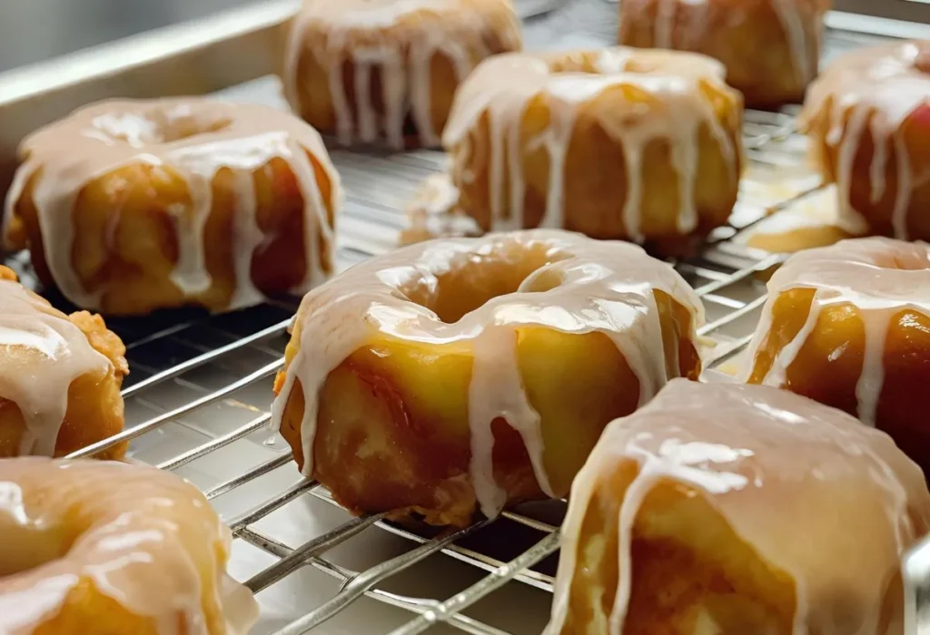 Baked Apple Fritters: A Delicious 20-Minute Treat 6 Baked apple fritters cooling on a wire rack, some dipped in glaze.