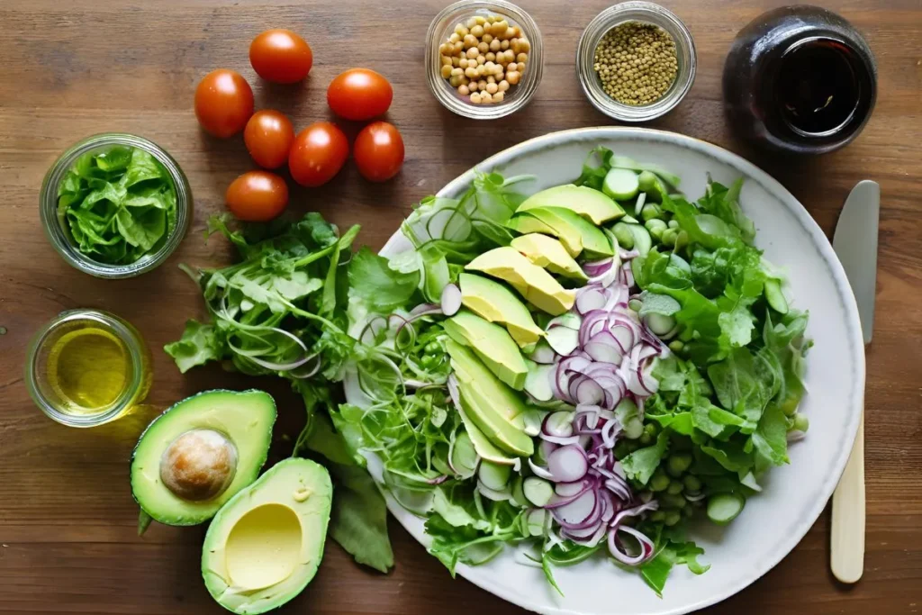 Healthy Salad Recipe: Easy, Delicious & Nutritious 5 Ingredients for a healthy salad recipe: fresh vegetables, chickpeas, and vinaigrette.