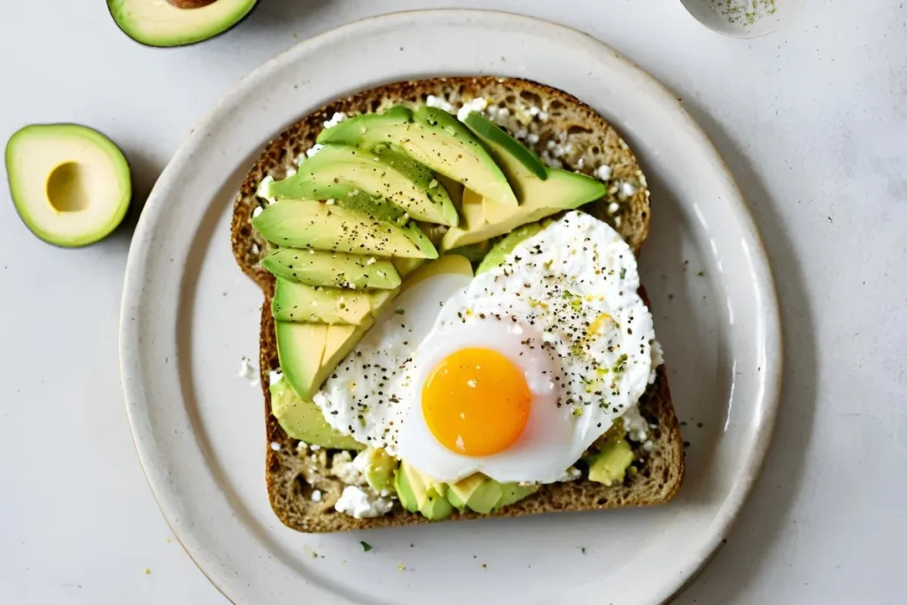 Avocado Toast with Cottage Cheese: A Healthy and Delicious 5-Minute Snack 7 Avocado toast with cottage cheese, fried egg, everything bagel seasoning.