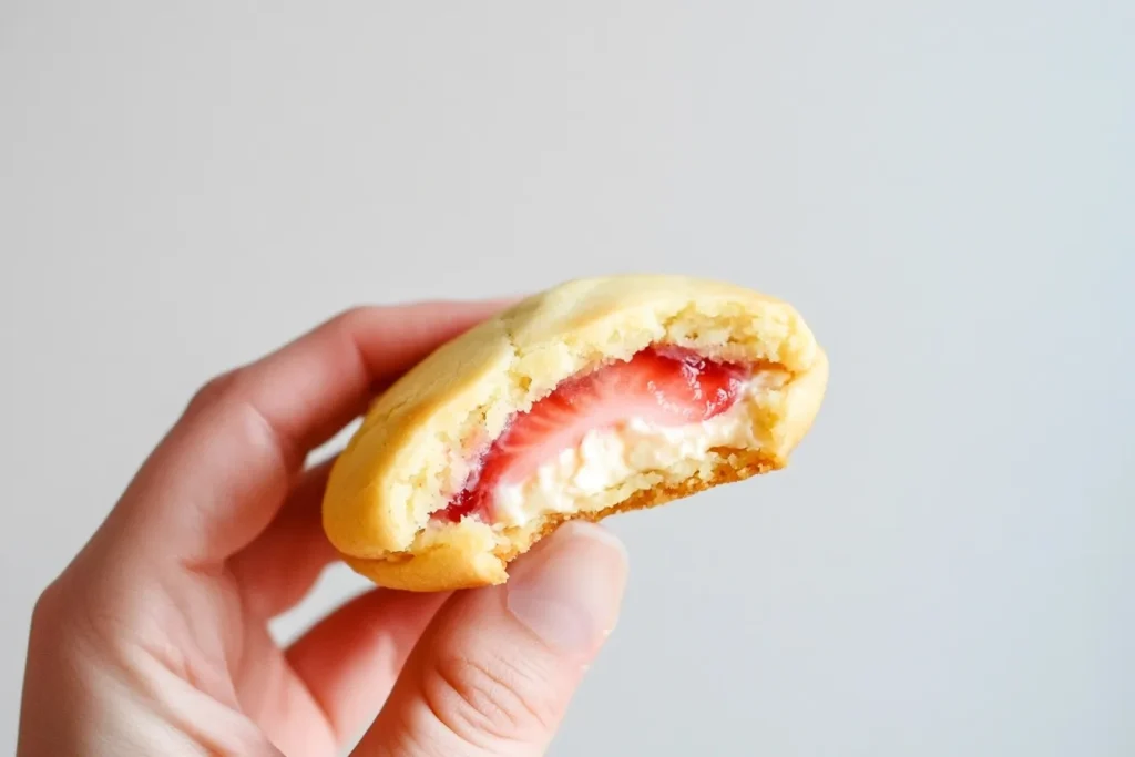 Strawberry Cheesecake Cookies: An Easy & Delicious Recipe 7 Hand holding a strawberry cheesecake cookie, highlighting the delicious strawberry filling.