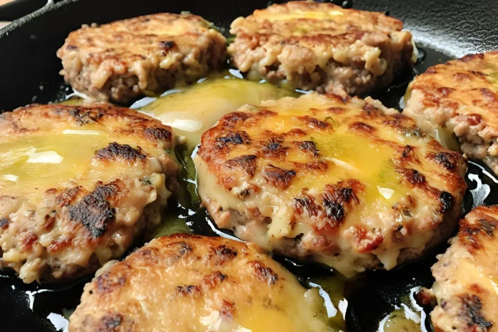 Homemade Jimmy Dean Breakfast Sausage: A Deliciously Easy Recipe 7 Sizzling Jimmy Dean breakfast sausage patties cooking in a cast iron skillet.