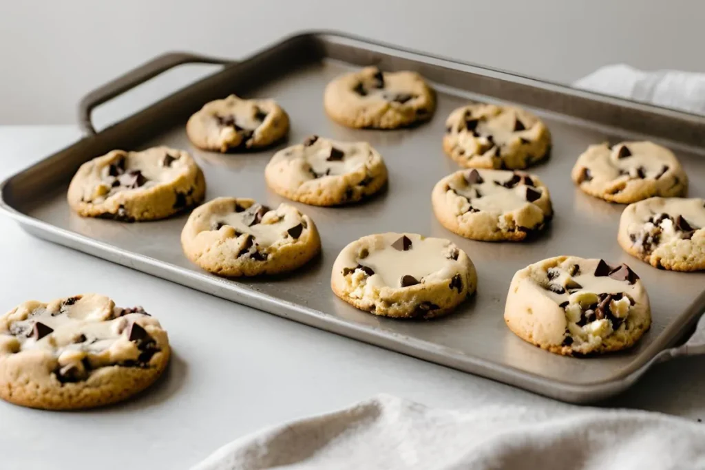 Chocolate Chip Cheesecake Cookies: An Easy and Delicious Recipe 7 A baking sheet filled with freshly baked chocolate chip cheesecake cookies, straight from the oven.