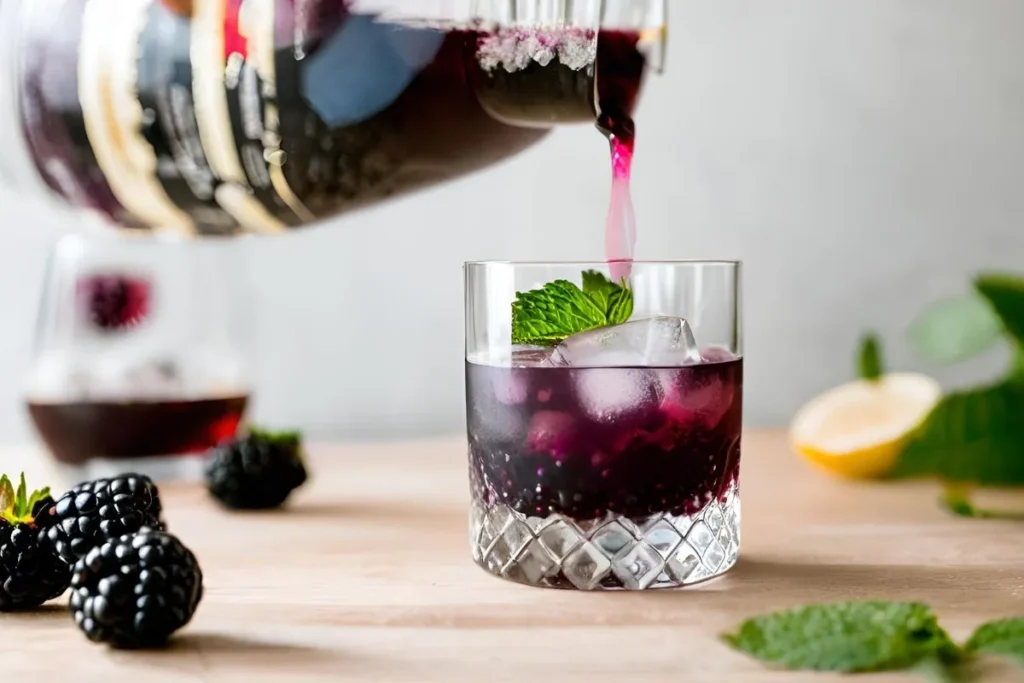 How to Make a Delicious Blackberry Smash Cocktail 8 Pouring a Blackberry Smash Cocktail into a glass with ice.