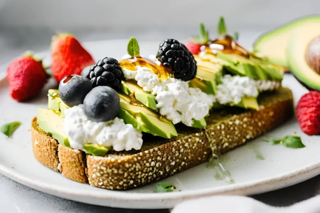 Avocado Toast with Cottage Cheese: A Healthy and Delicious 5-Minute Snack 8 Avocado toast with cottage cheese, berries, and honey.