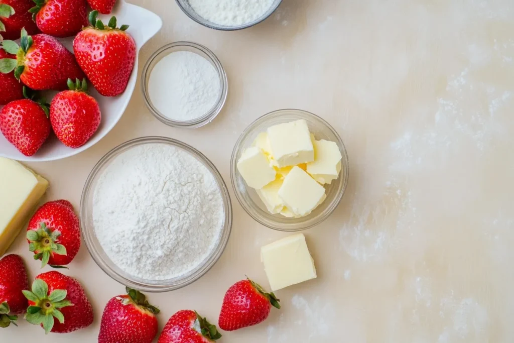 Strawberry Cheesecake Cookies: An Easy & Delicious Recipe 6 Ingredients for making strawberry cheesecake cookies: flour, butter, sugar, fresh strawberries, cream cheese.