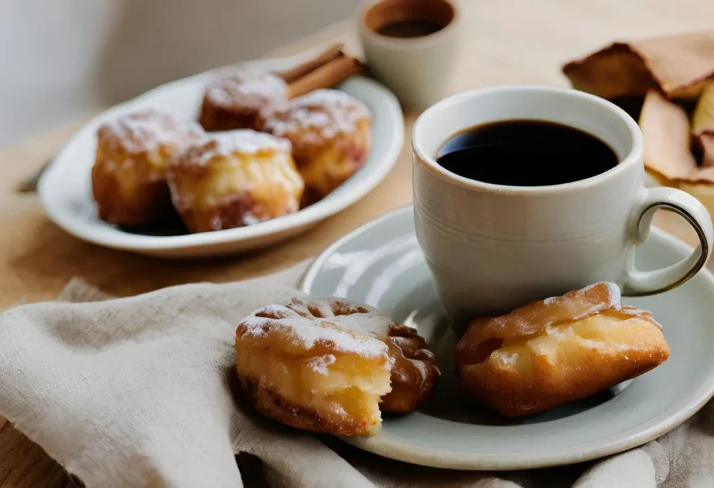 Baked Apple Fritters: A Delicious 20-Minute Treat 8 Baked apple fritters served with coffee, fresh apples, and cinnamon sticks.