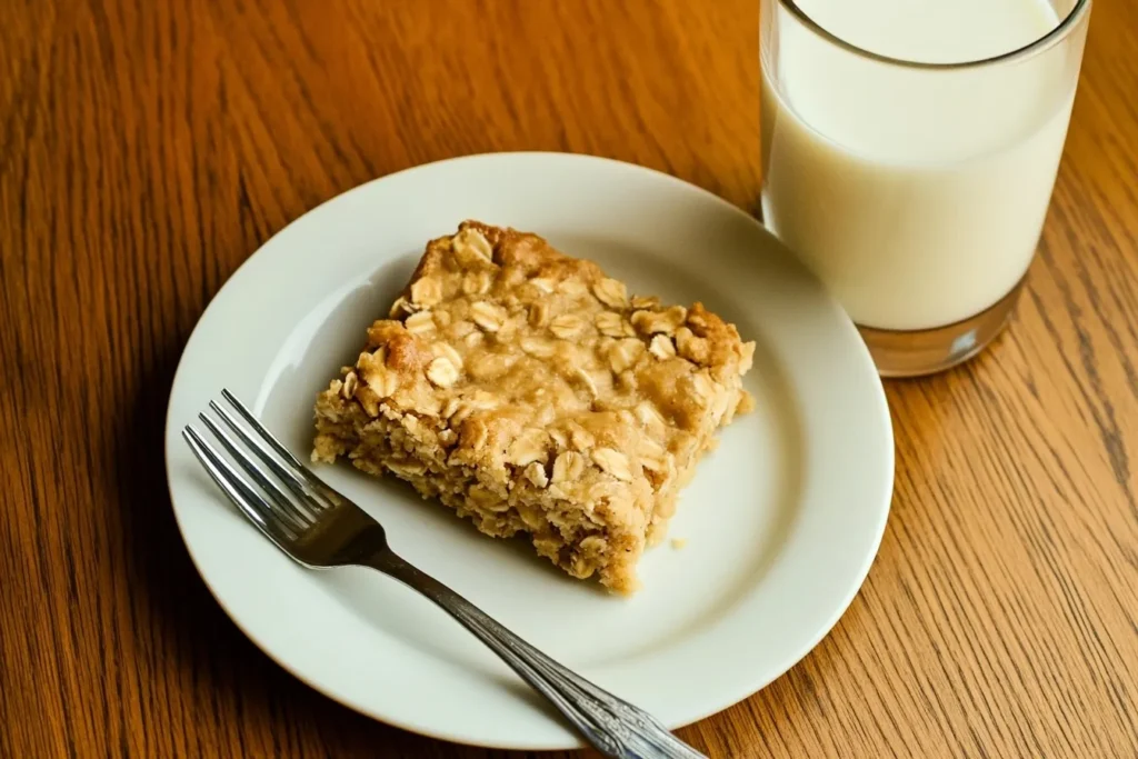 Easy Banana Oat Bars Recipe: A Healthy & Delicious Treat 6 Single banana oat bar on a plate with a fork and glass of milk.