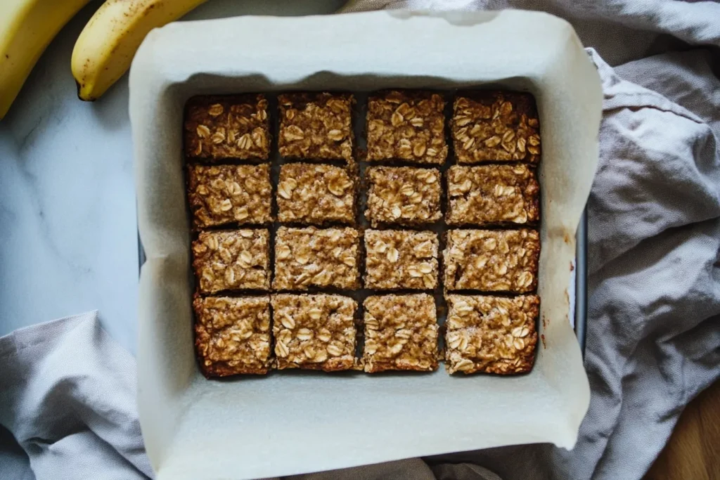 Easy Banana Oat Bars Recipe: A Healthy & Delicious Treat 7 Freshly baked banana oat bars, cut into squares in a baking pan.