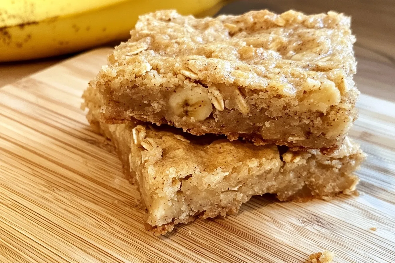 Stack of homemade banana oat bars on wooden board, a healthy and delicious snack.